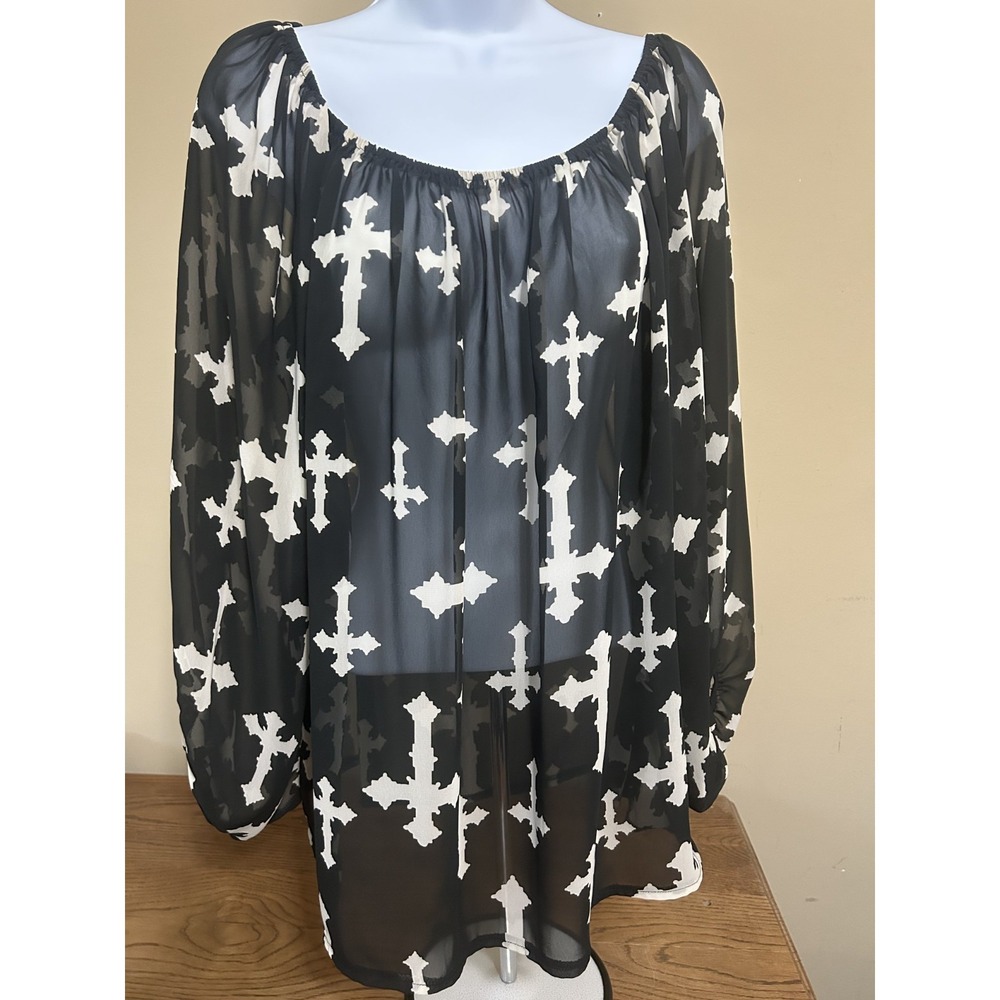 Yahada Sz‎ L U.S.A Black Sheer Cross Long Sleeve Tunic Western Goth Whimsigoth